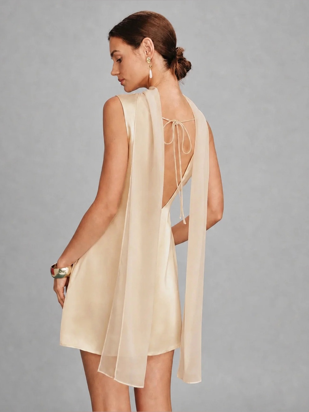 Rihoas Apricot Boat Neck Tie Satin Mini Dress